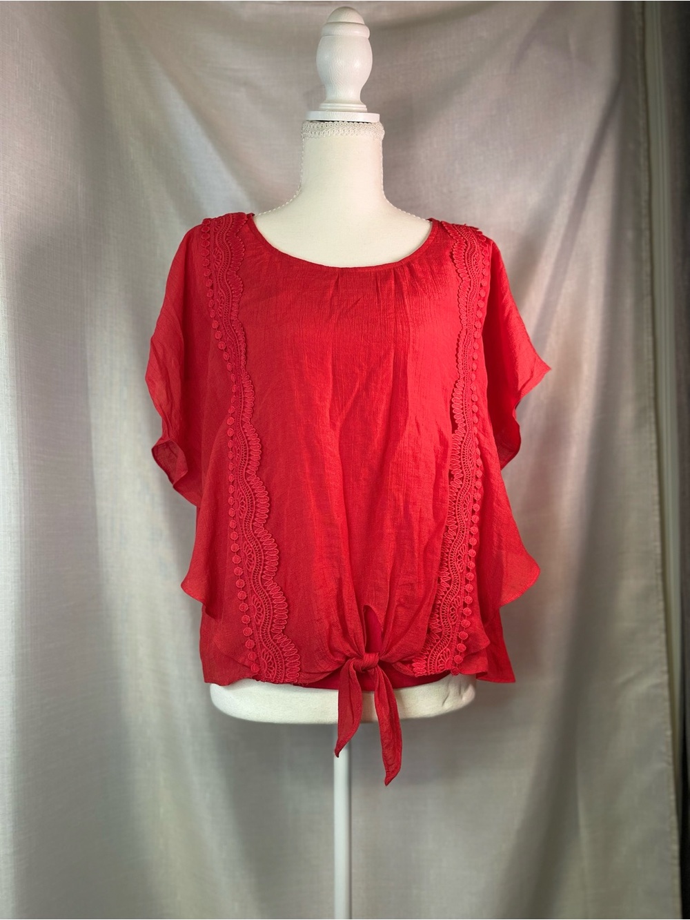 I.N. Studio Red Tie-Front Lace Trim Blouse